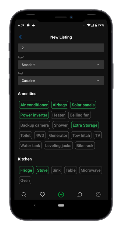 Screenshot of adding RV amenities using the Vancamper app